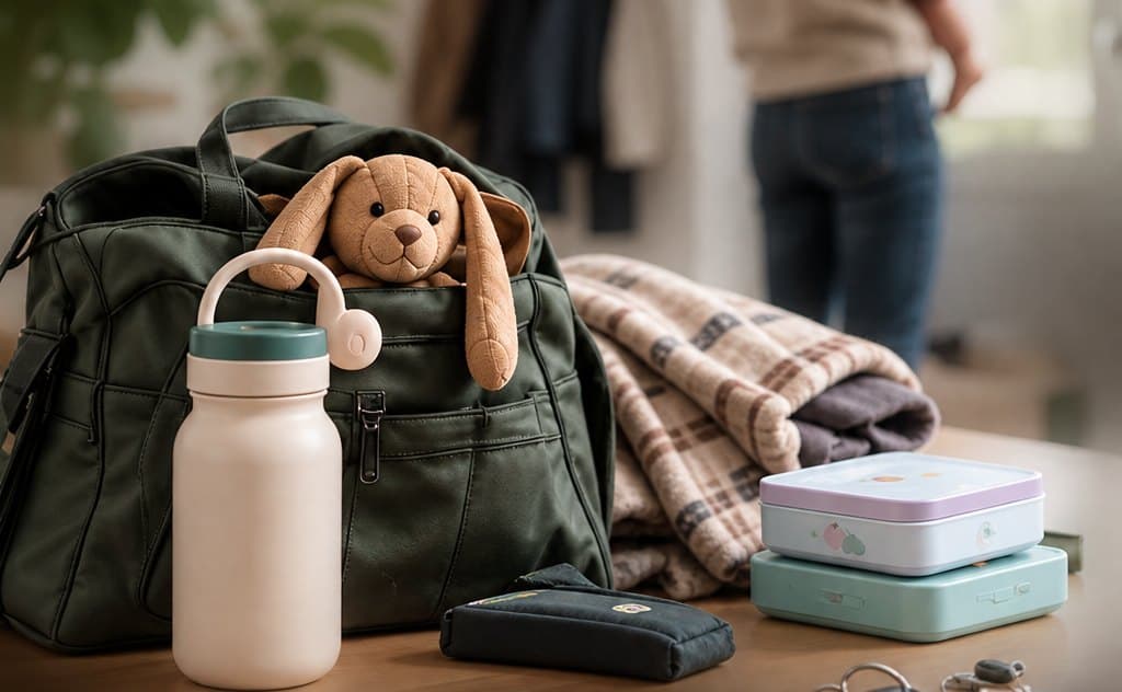 Een gepakte luiertas met knuffel en drinkfles op tafel, een ouder met kind op de achtergrond